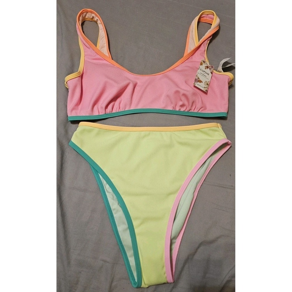 CUPSHE Bikini - Pastel Rainbow - High Waisted - Size S Bottoms Size M Top